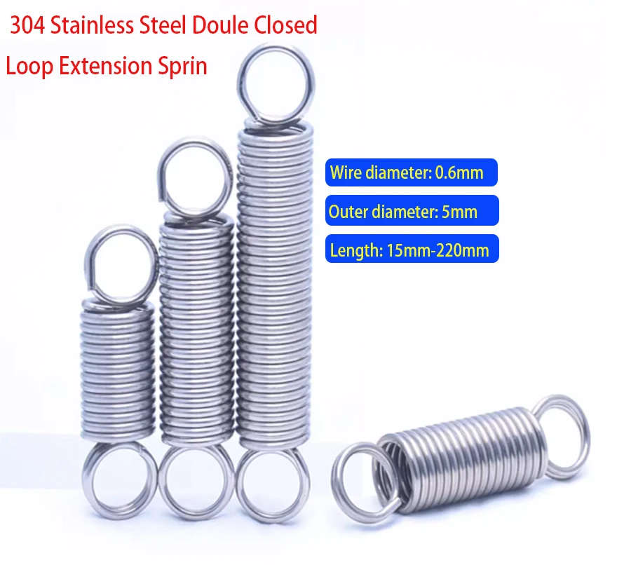1/2/5Pcs 304 Stainless Steel Tension Spring Steel Wire Diameter 0.6mm OD 5mm Double Coil L-shaped Spring Length 25mm-220mm ﻿ ﻿