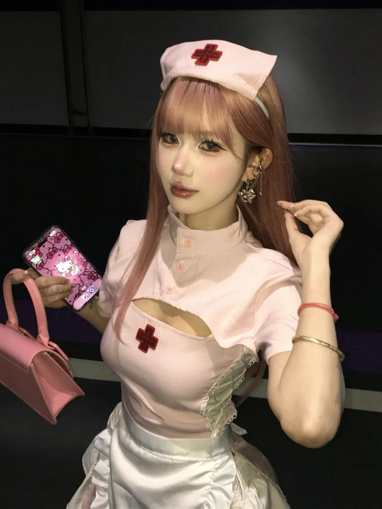 Conjunto de Disfraz de Enfermera Rosa, Vestido Calado, Disfraz de loween, Ropa de Trabajo para Estudiantes y Maestras, Uni...