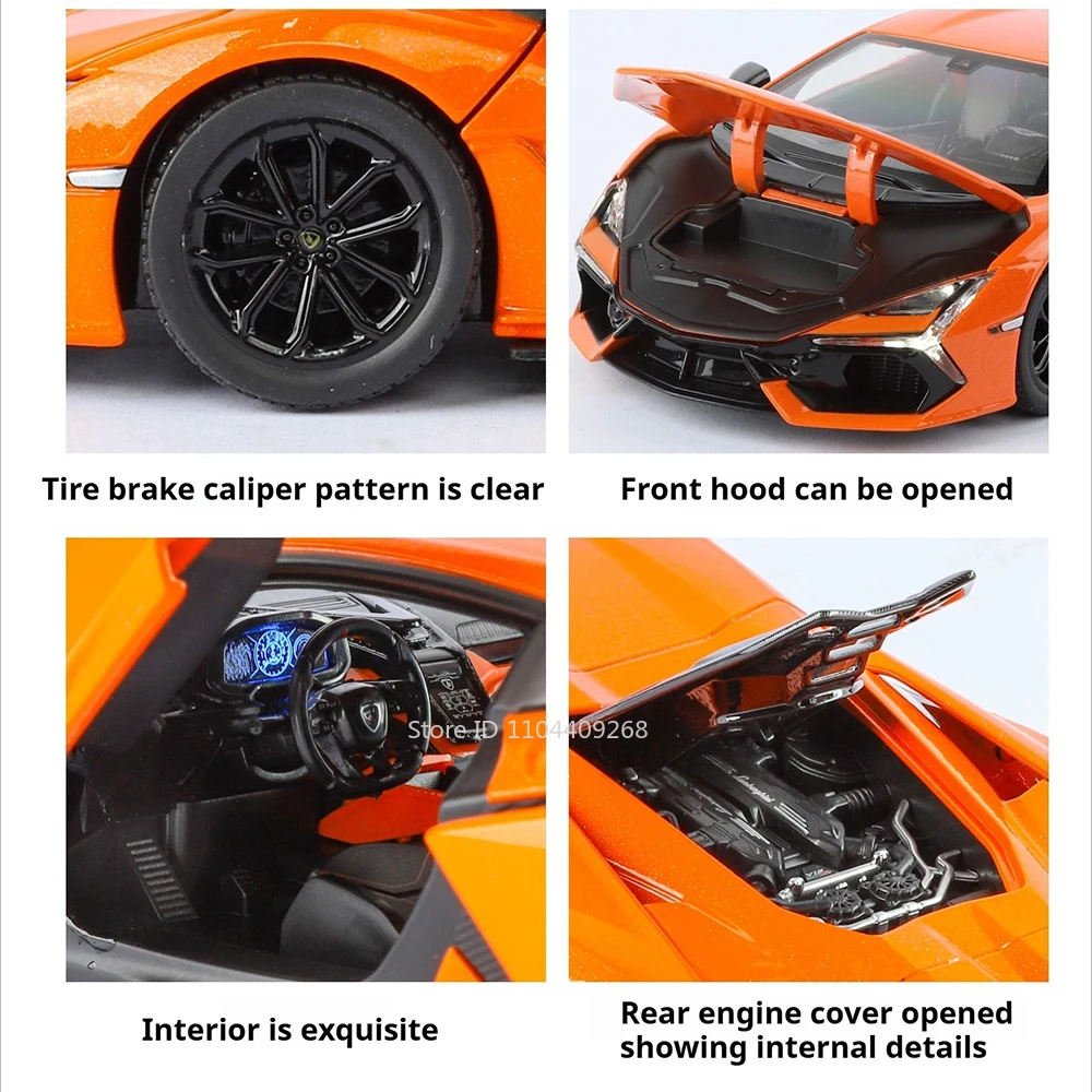 1:24 Revuelto URUS Car Model Toy Metal Diecast Sound Light Pull Back Doors Opened Vehicles Models Sound Light Kids Presents