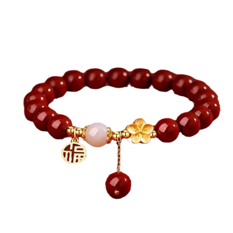 Chinese Style Lucky Cinnabar Beaded Bracelet For Women 925 Sterling Silver Peach Blossom Hetian Jade Fu Charm Good Fortune Bless