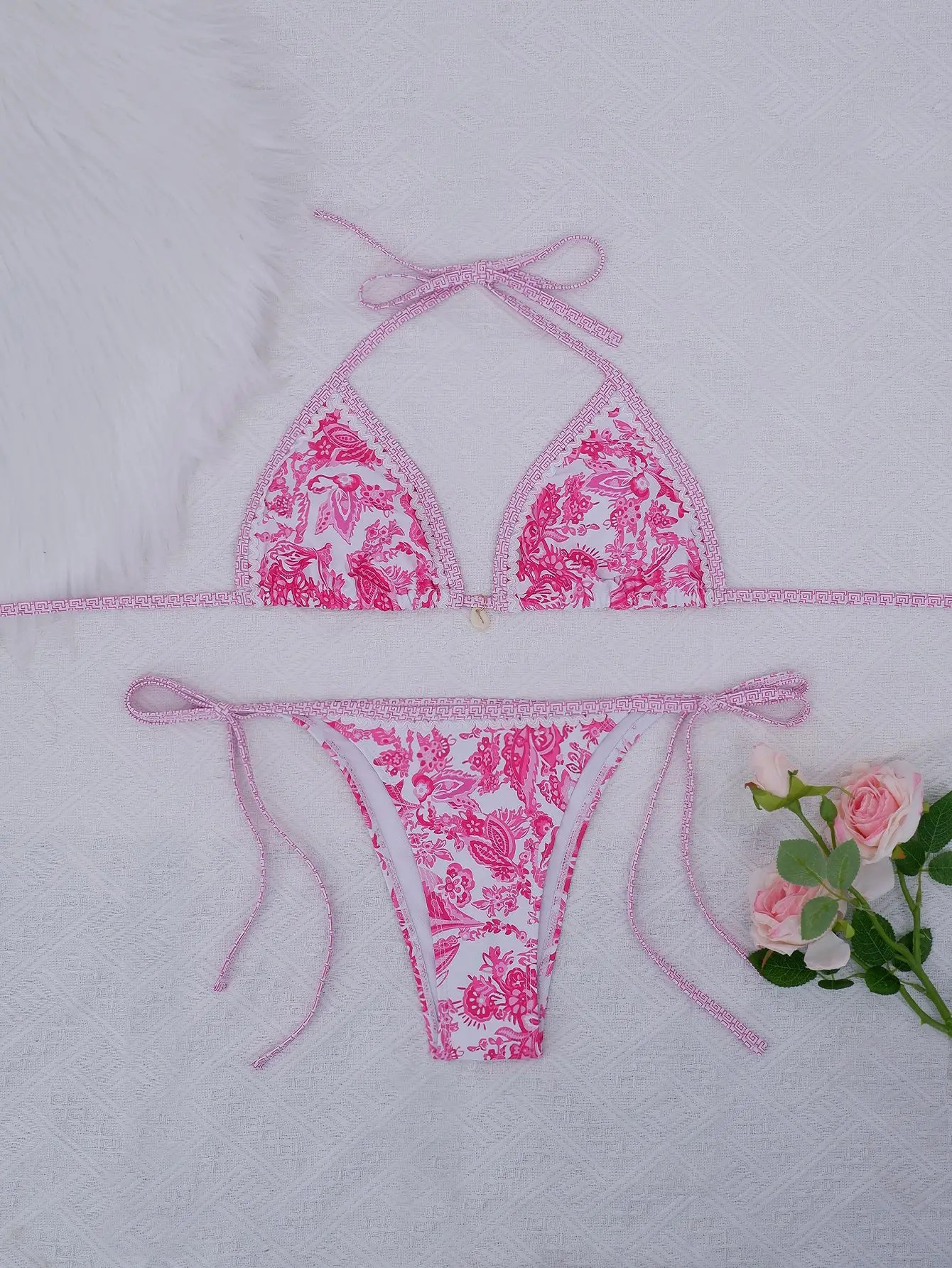 

Sexy Pink Floral Print Micro Bikini Women Halter V Neck Push Up Tie Side Thong Swimsuit 2026 Beach Bathing Suit Holiday Swimwear