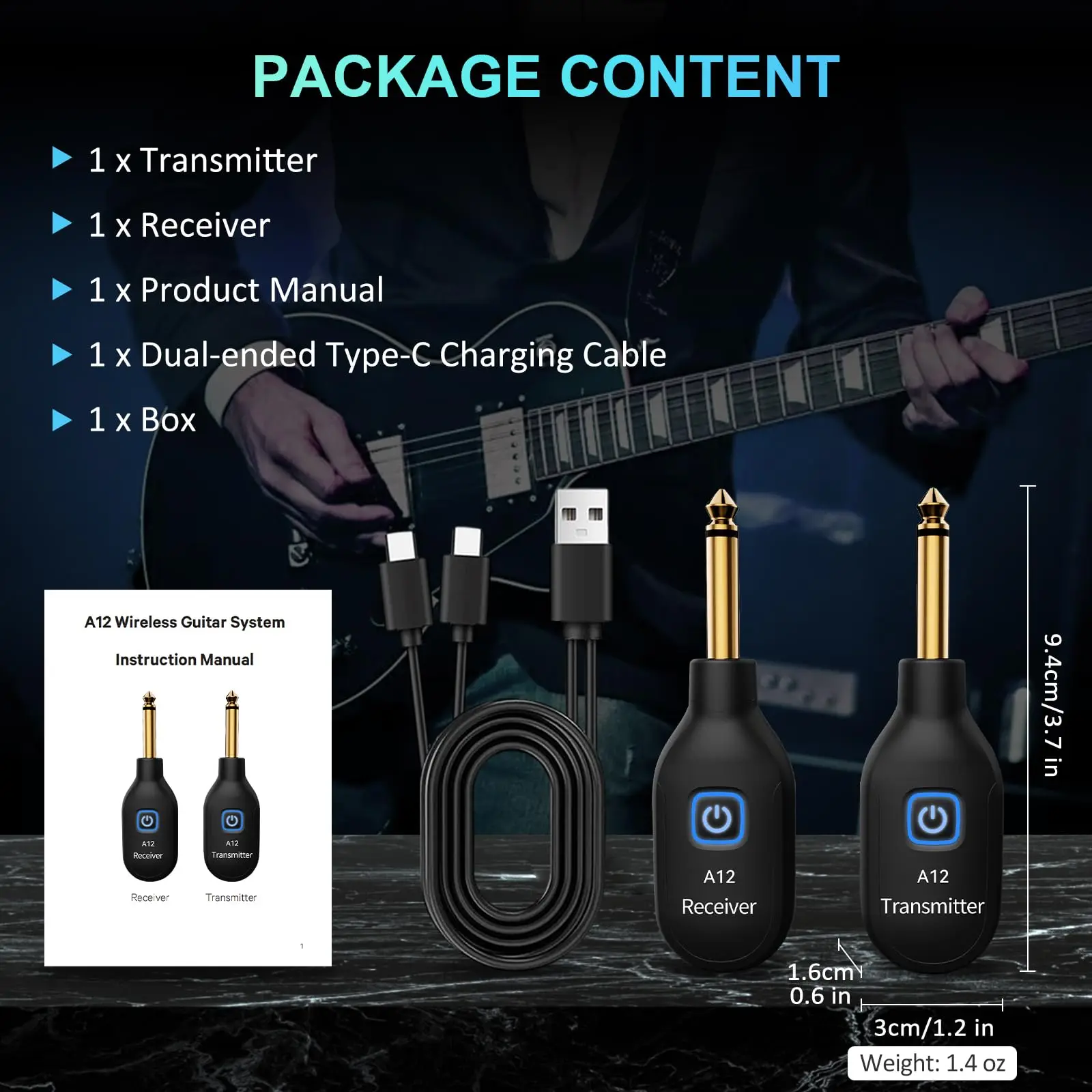 Wireless Guitar Transmitter Receiver for Bass, Violin, Keyboard, Wireless Guitar System 2.4GHz with 2 Modes, Rechargeable Li-Bat