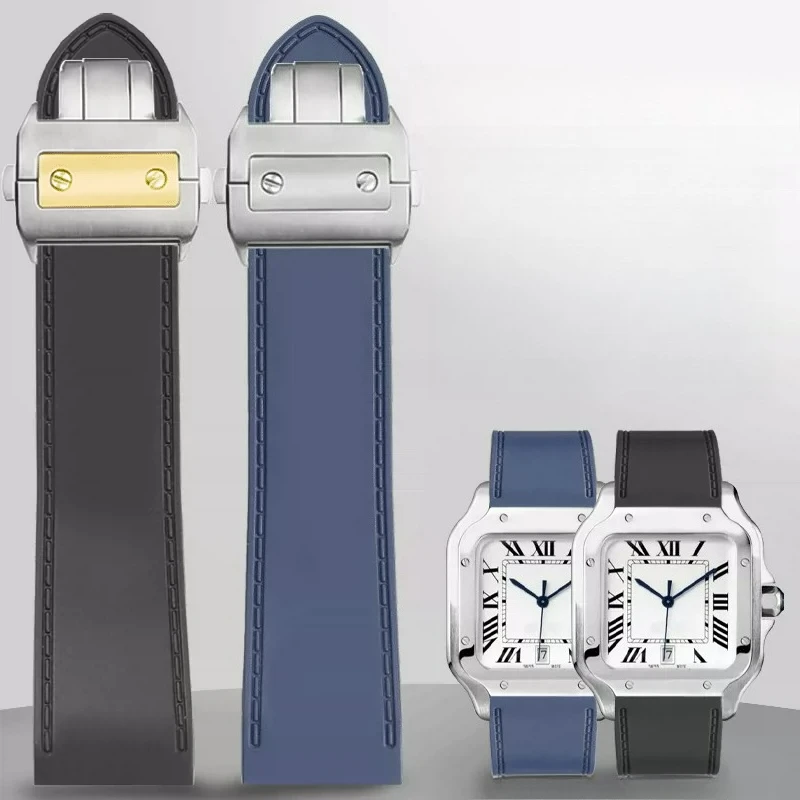 Waterproof Soft Skin-Friendly Rubber Watchband 23 25mm for Cartier Santos Sandoz 100 Large Model Watch Strap Flat Interface