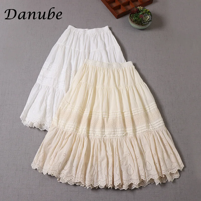 

Vintage Embroidery Patchwork Cotton Linen Skirt Women Japanese Mori Girl High Waist Double Lace Loose Lolita Skirt Faldas Mujer