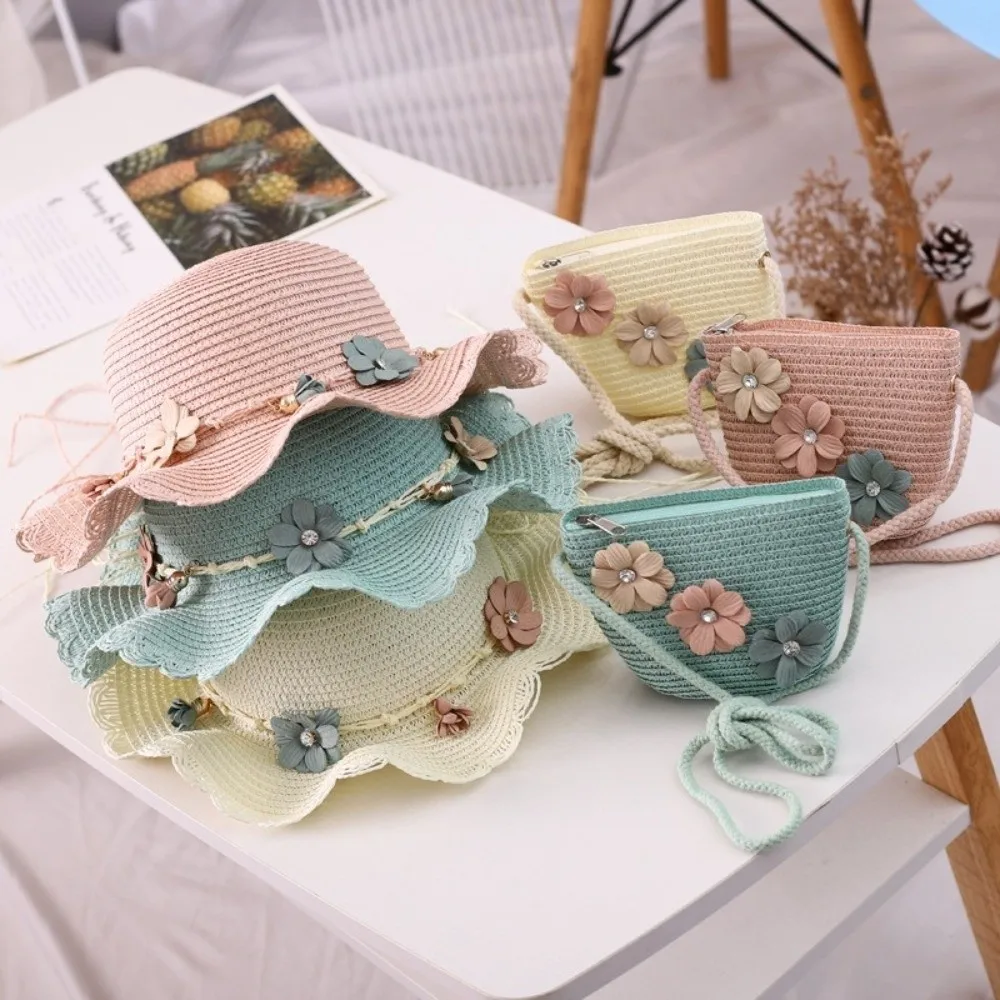 Trend Floral Style Straw Hat Small Bag Set Casual Solid Color Fisherman Hat Sun Hat Outdoor Travel