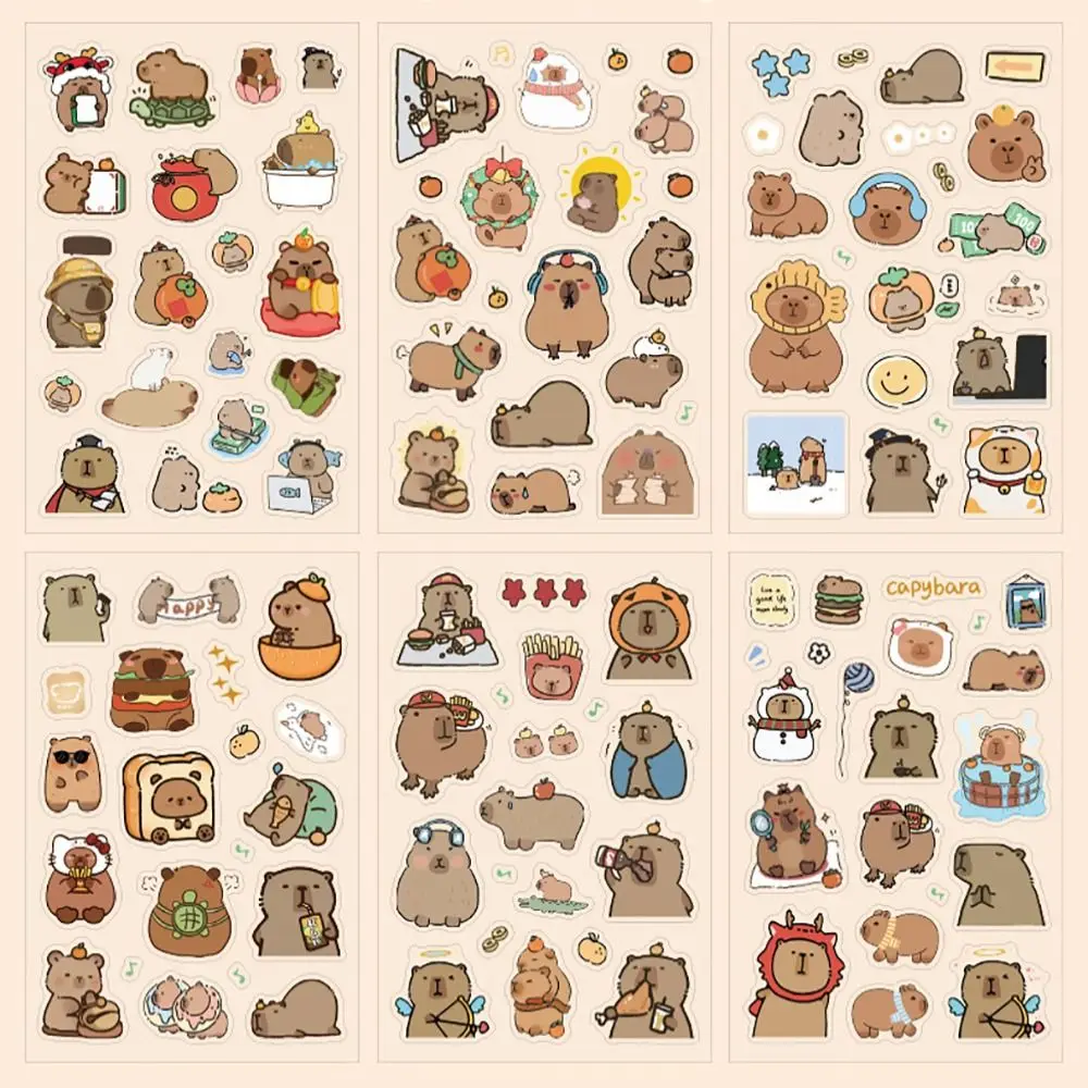 6Pcs/bag PET Capybara Sticker Stationery Material Scrapbooking Capybara Handbook Stickers Cartoon Cartoon Decorative Stickers