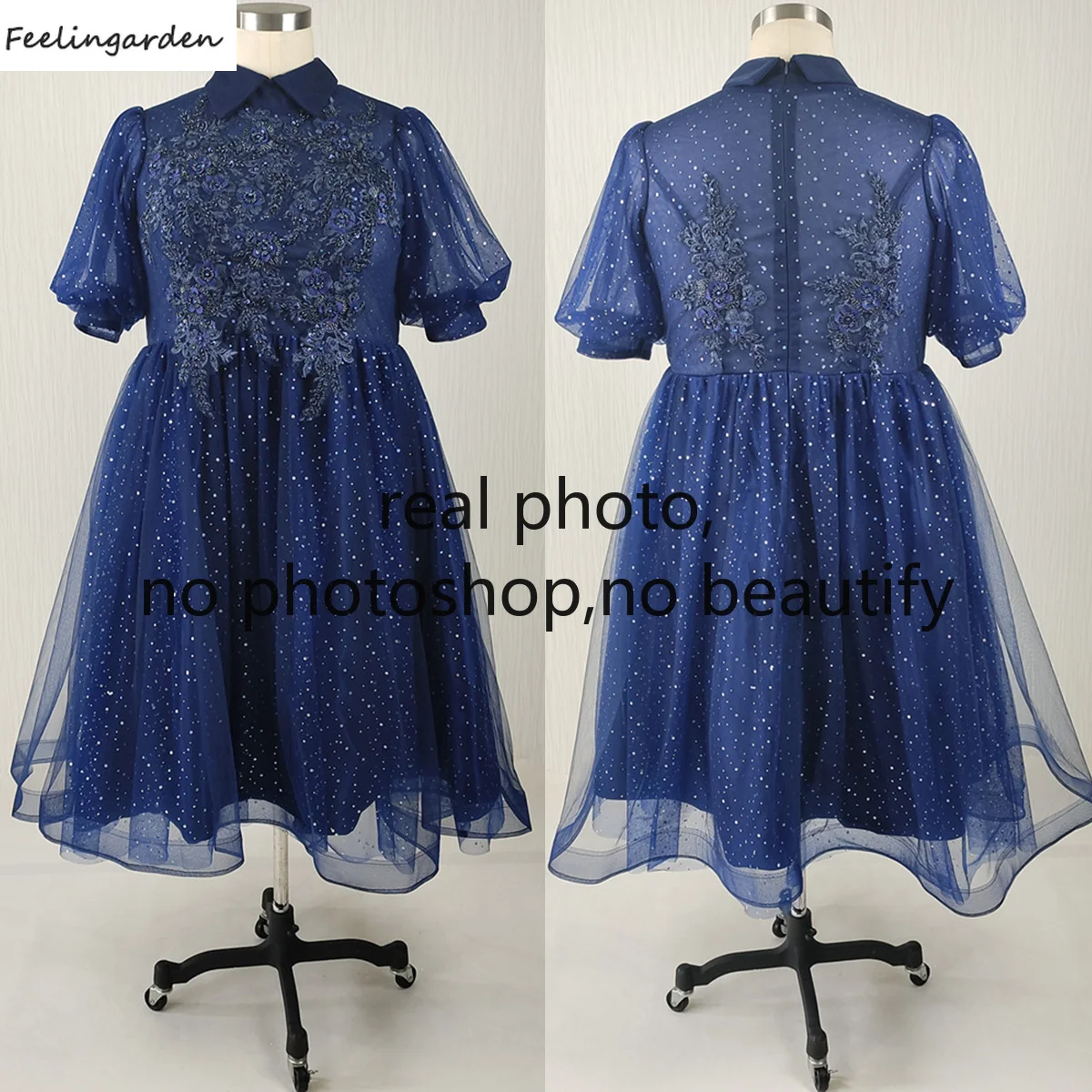 Feelingarden foto Real personalizada de talla grande vestido de graduación azul marino apliques de cuentas A-line té-longitud vestido Formal de fiesta para mujer A2459