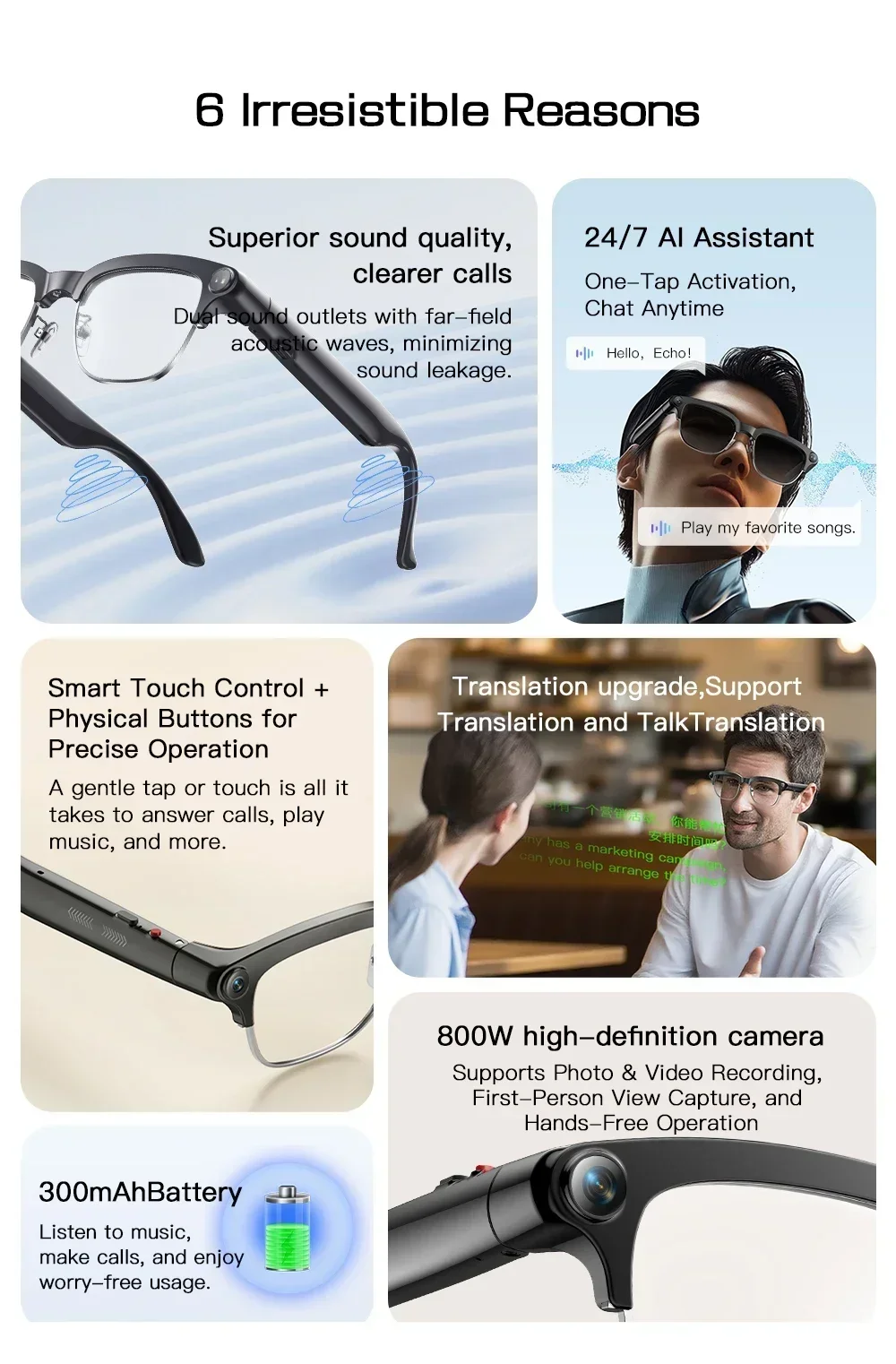 Neue KI-Videoaufnahme-Smartbrille mit Echtzeit-Übersetzung, 800W HD-Kamera, KI-Sprachassistent, Aufnahmefunktion und Dual-Lautsprechern – Sonnenbrille – Detail 2