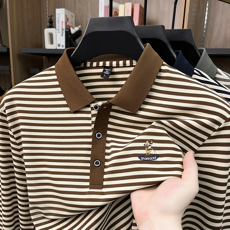 Luxury Brand Men's New Embroidered Long Sleeved Polo Shirt Autumn Designer Striped Lapel T-shirt Business Trendy Men's clothing