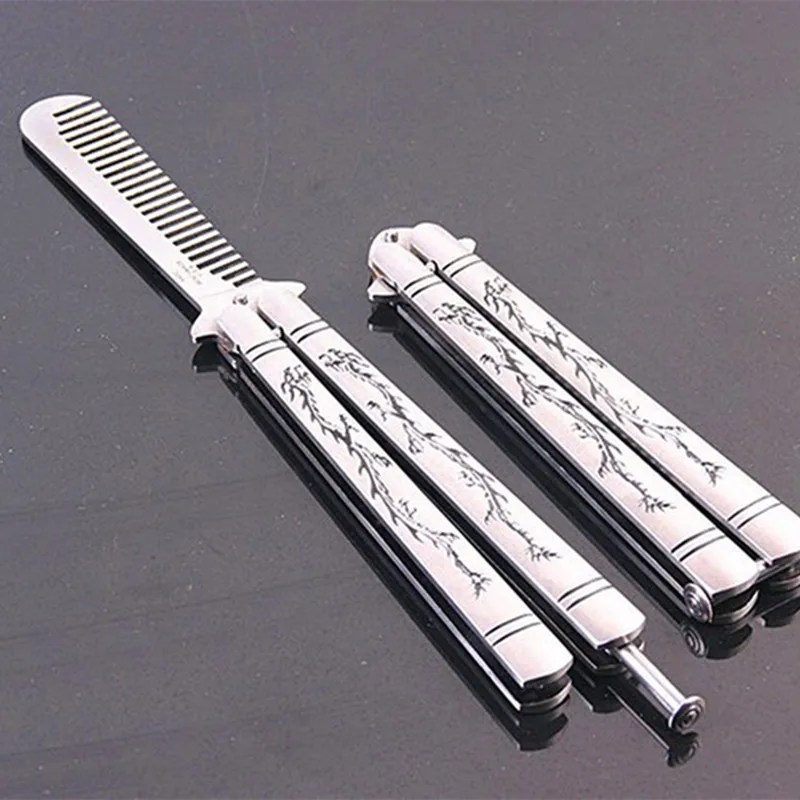 Portable Folding Butterfly Knife Comb Practice Balisong Trainer Unedged Stainless Steel Salon Hairdressing Hair Styling Tool