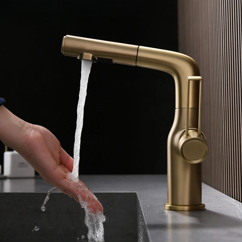 High‑End All‑Copper Brushed Gold Pull‑Out Basin Faucet, Hot & Cold Water Tap for Household Bathroom Washbasin
