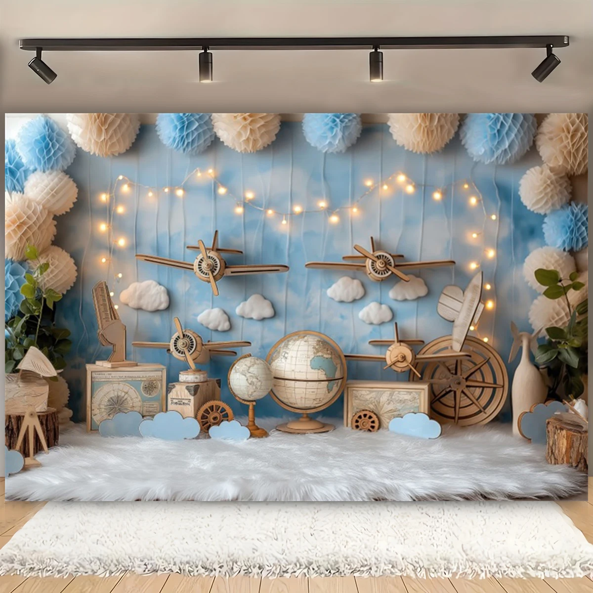 استحمام الطفل تيدي بير منطاد الهواء الساخن خلفية عيد الميلاد الأول بنين بنات 1st حفلة عيد ميلاد ديكور خلفية كابينة تصوير الدعائم