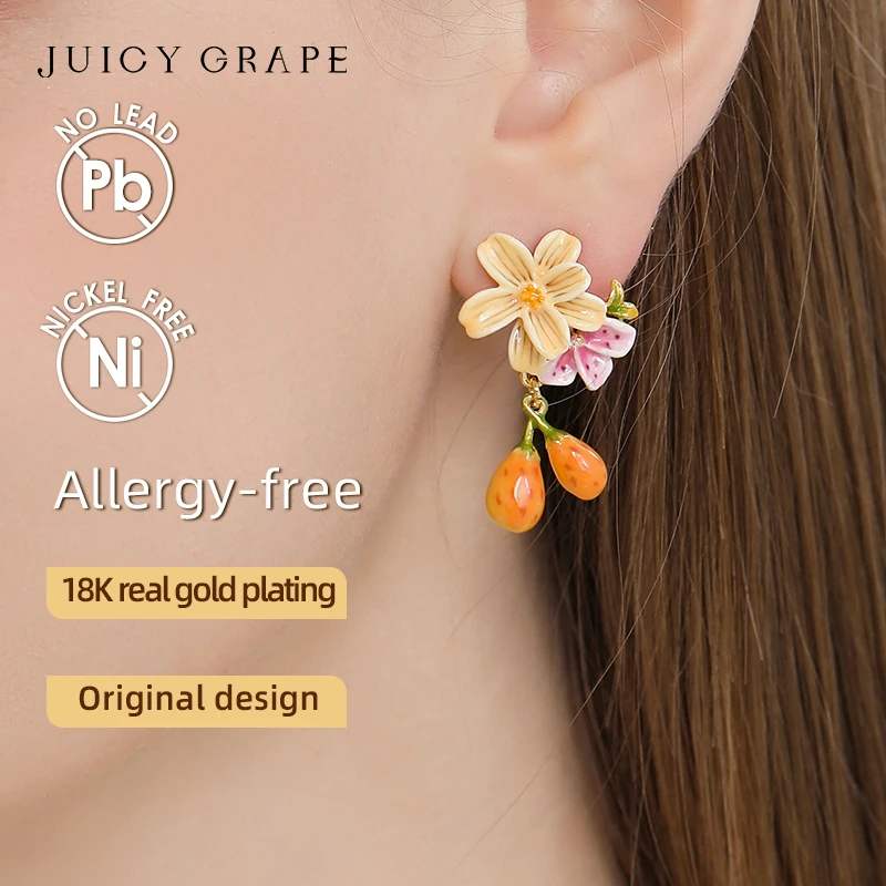 Juicy Grape 2024 New Fashion Earring Enamel Pear Blossom Earring for Women 925 Silver Pin 18K Gold Plated Handmade