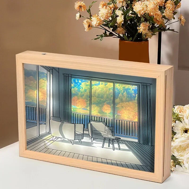 Newest Led Light Painting USB Rechargeable 3-color Dimming Wall Artwork Table Lamps Indoor Wooden Photo Night Luminous Gift Hot