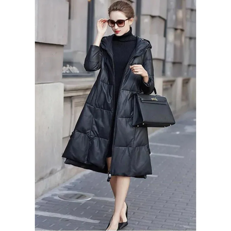 Women PU Leather Windbreaker Winter Coat Jacket Warm Parkas 2023 New Female Thickened Cotton-Padded Overcoat Hooded Coats 4XL