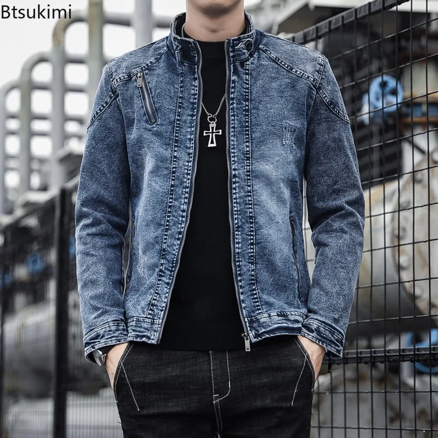 New Vintage Men's Denim Jackets Fashion Stand Collar Zip Casual Jean Coats Fleece Lining Thicked Warm Autumn Winter Men Clothing
