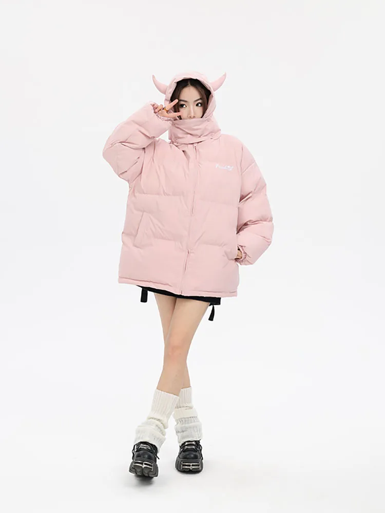 Hooded Pink Parkas Men Women Winter Devil\'s Horn Cotton Padded Jackets Loose Hip Hop Harajuku Y2k Puffer Bubble Outwear Coats