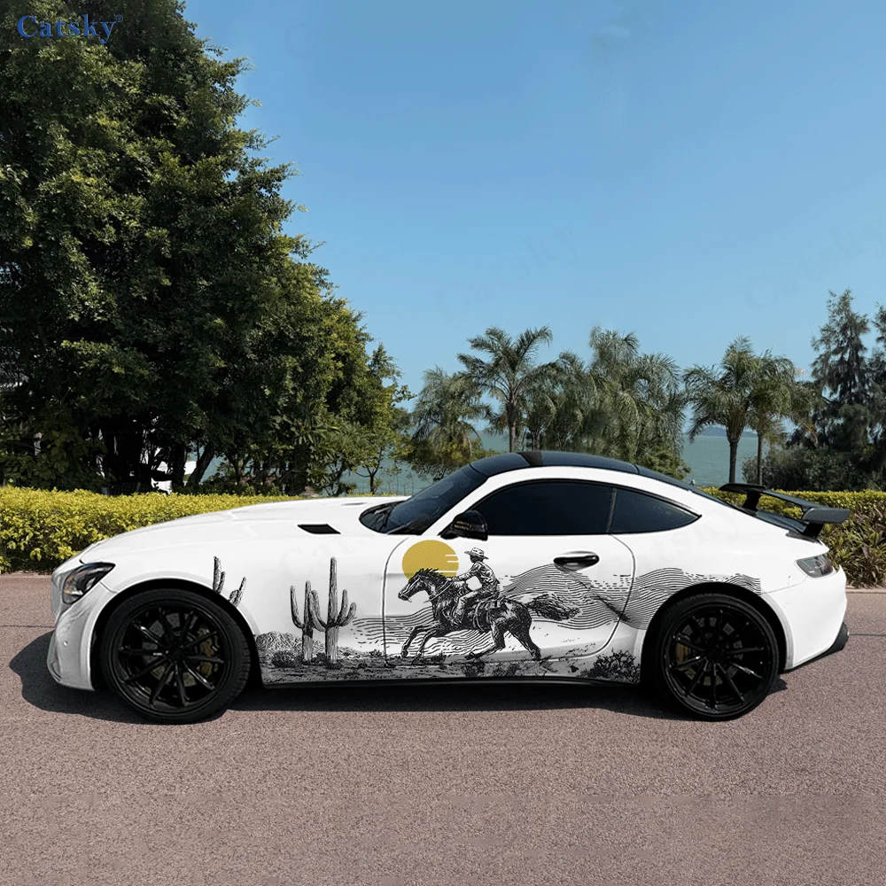 

Cowboy Ride Horse Cactus Sun Car Vinyl Wraps Decal Self-adhesive PVC Sticker Suitable for Trucks SUV Decor Auto Accessories Gift