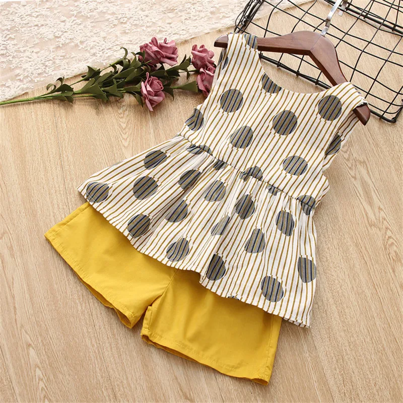 Humor Bear  Summer New Grils Clothes Korean Dot Girl Big Bow T-shirt+ Shorts Children Clothing Set Kids Girls Clothes Suit