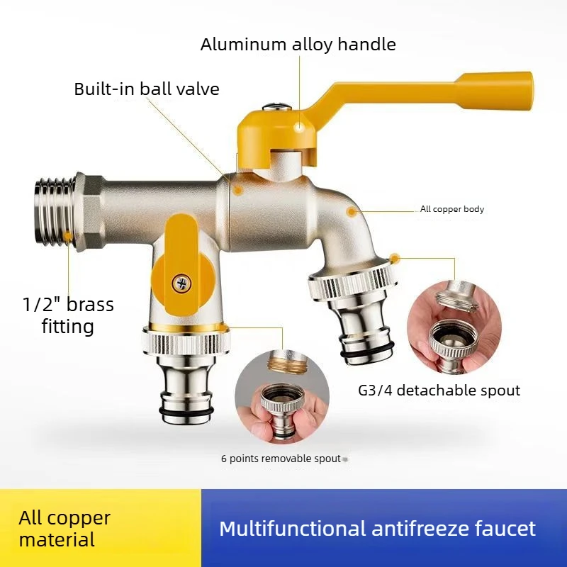 Copper Outdoor Antifreeze Washing Machine Faucet G1/2 One in Two Out Garden Faucet Double Water G3/4 Pacifier Connector