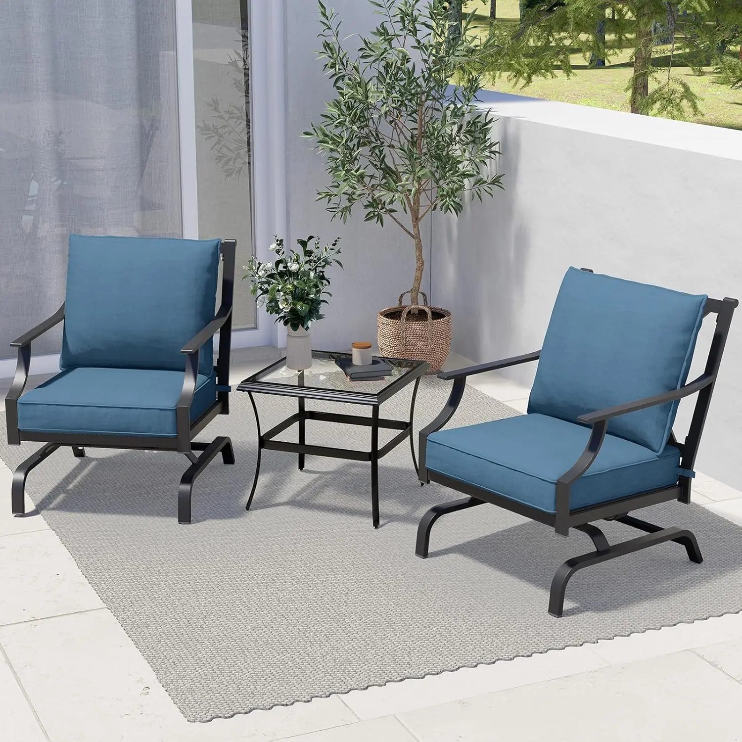 Outdoor Patio Seating 3 Piece Patio Set 2 Motion Chairs with Side Table Peacock Blue