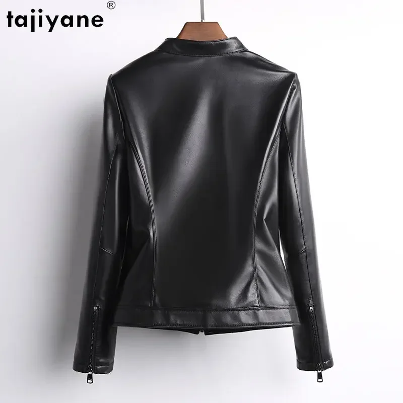 Tajiyane Veste en cuir véritable pour femme, manteau 2023 peau de mouton véritable, col montant, vestes courtes en cuir pour femme, motard, combiné Streetwear