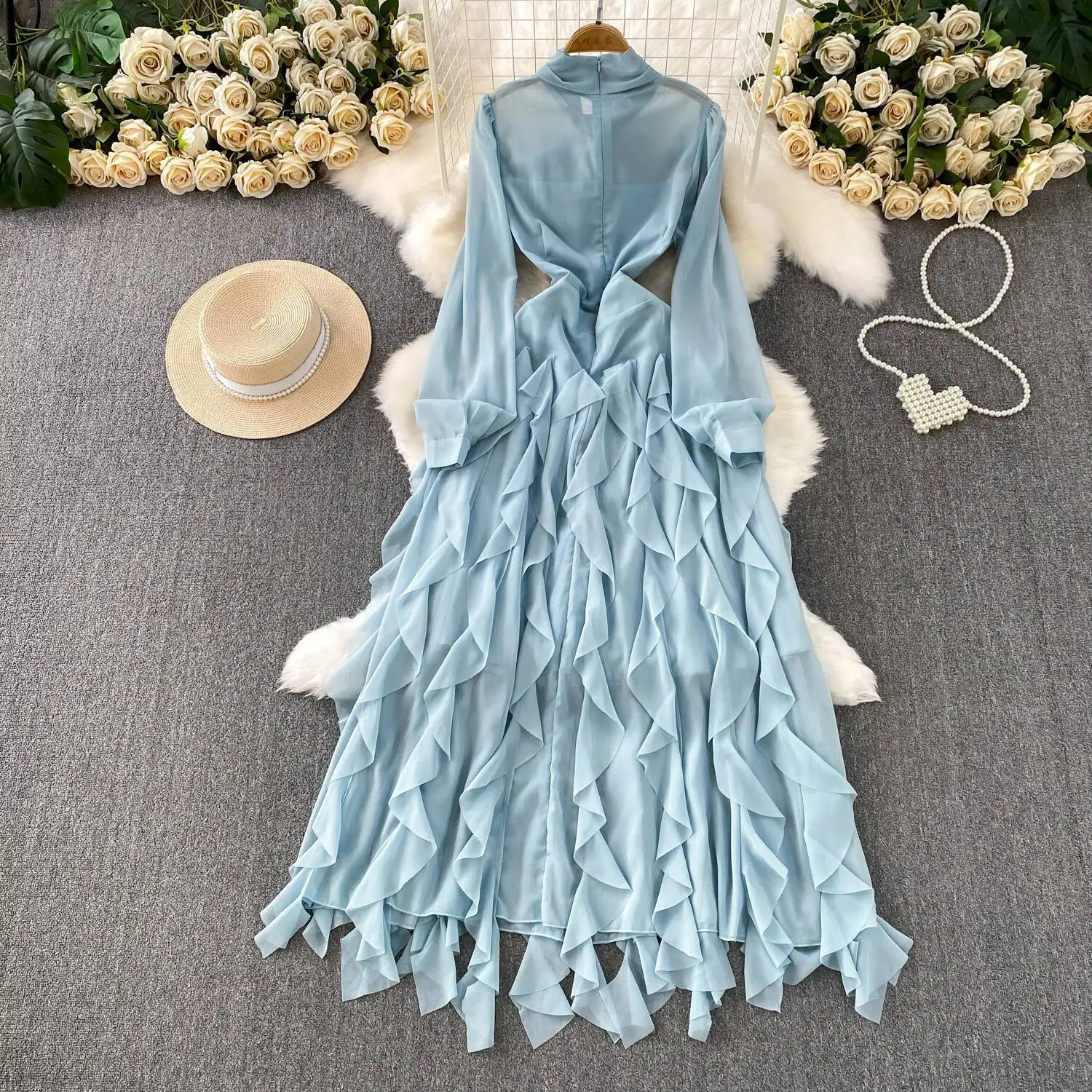 الرجعية أنيقة الخامس الرقبة كشكش الدانتيل متابعة مطوي كم طويل ألف خط عادية عالية الخصر فستان المرأة الخريف #1