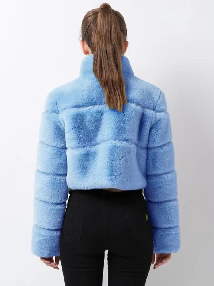 Krótka kurtka ze sztucznego futra królika, patchworkowa kurtka pluszowa ze sztucznej skóry, jednolita stójka, damskie futrzane kurtki zimowe z długimi rękawami, puszyste topy.