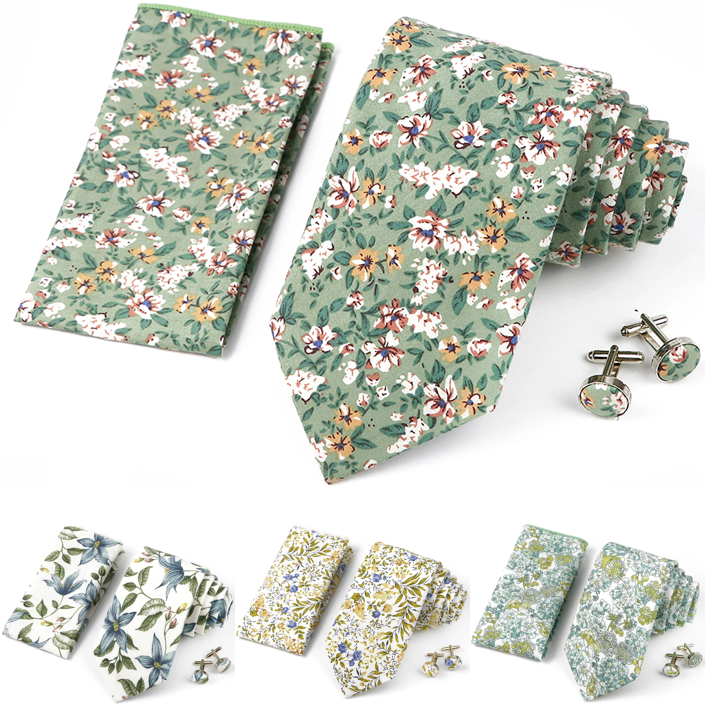 

High Quality 7cm Floral Cotton Ties Hanky Cufflink Set Vintage Green Blue Necktie For Wedding Party Groom Cravat Accessories