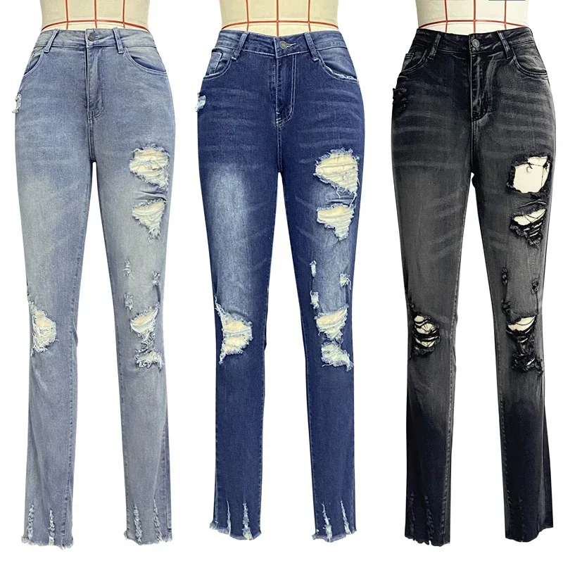 Fitshinling Ripped Slim Vintage Jeans Pencil Pants For Women Clothing Tassel Vintage Denim Trouser Female Bleached Pants New In