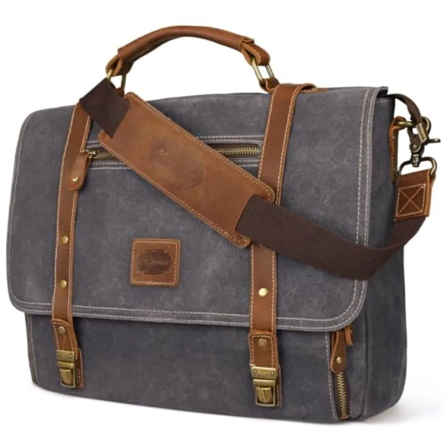 

Laptop Messenger bag for Mens 15.6 Inch, Waterproof Vintage Genuine Leather Mens Briefcase shoulder bag 16 Storage Pockets, Wax