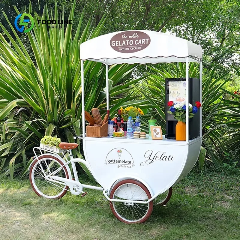 

Customized Vintage Ice Cream Cart Tricycle With Canopy Display Counter For Coffee Dessert Gelato CE Certified