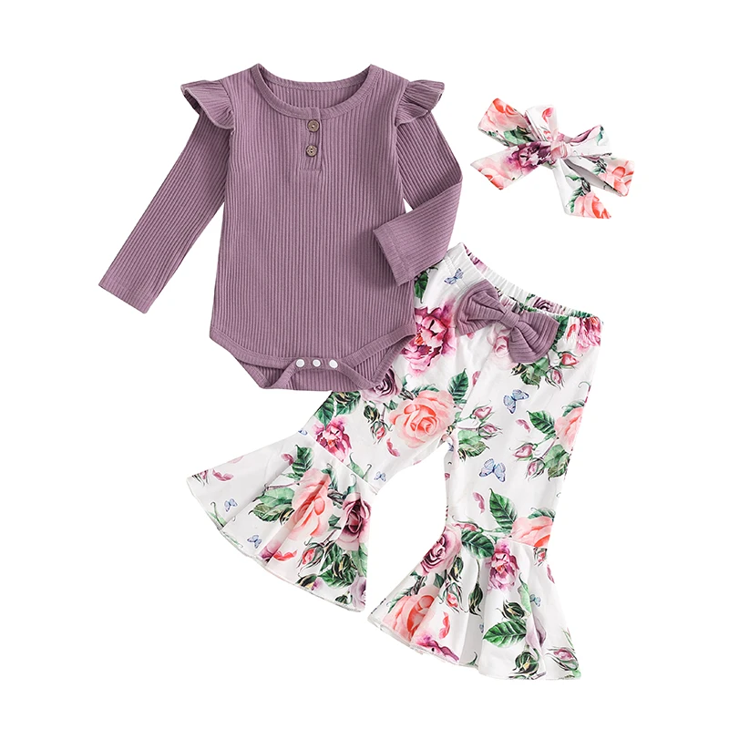 

Baby Girls Fall Outfits Ribbed Long Sleeves Romper and Elastic Floral Print Flared Pants Headband Set 3 Piece Clothes