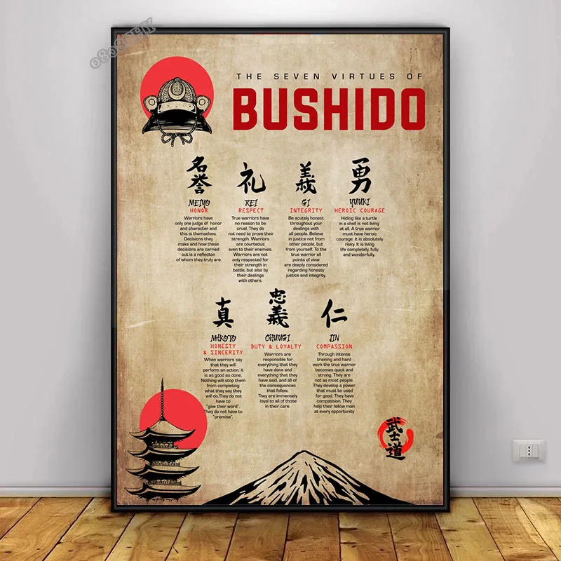 Canvas Print Wall Art Painting Seven Virtue of Bushido Posters Japan Bushido Motivational Wall Art Pictures for Home Decor Mural