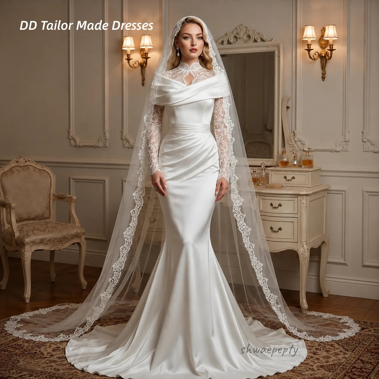 Maßgeschneidertes Vintage Hochzeitskleid mit hohem Kragen, Meerjungfrauen-Stil, Spitzenärmeln, schulterfrei, aus Satin, elegantes Brautkleid, gerafftes Brautkleid