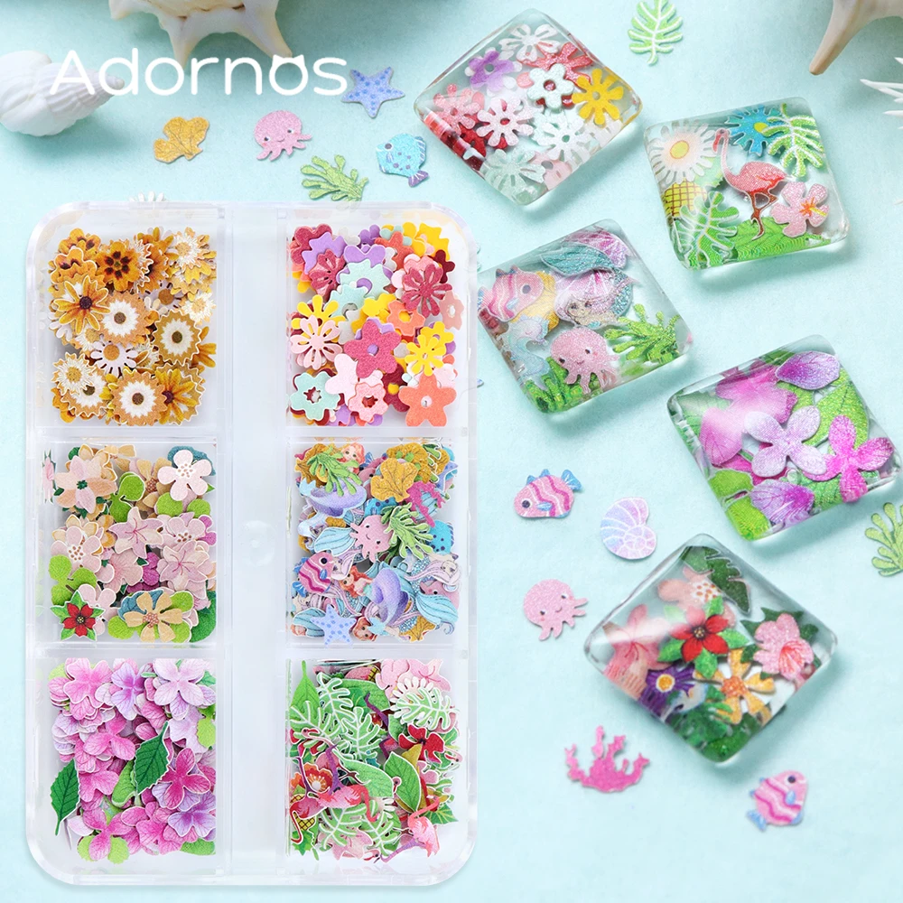 180pcs/box Wood Pulp Flower Chips Epoxy Resin Shaker Mold Filler Marine Organism Flamingo Daisy Summer Spring DIY Jewelry Making