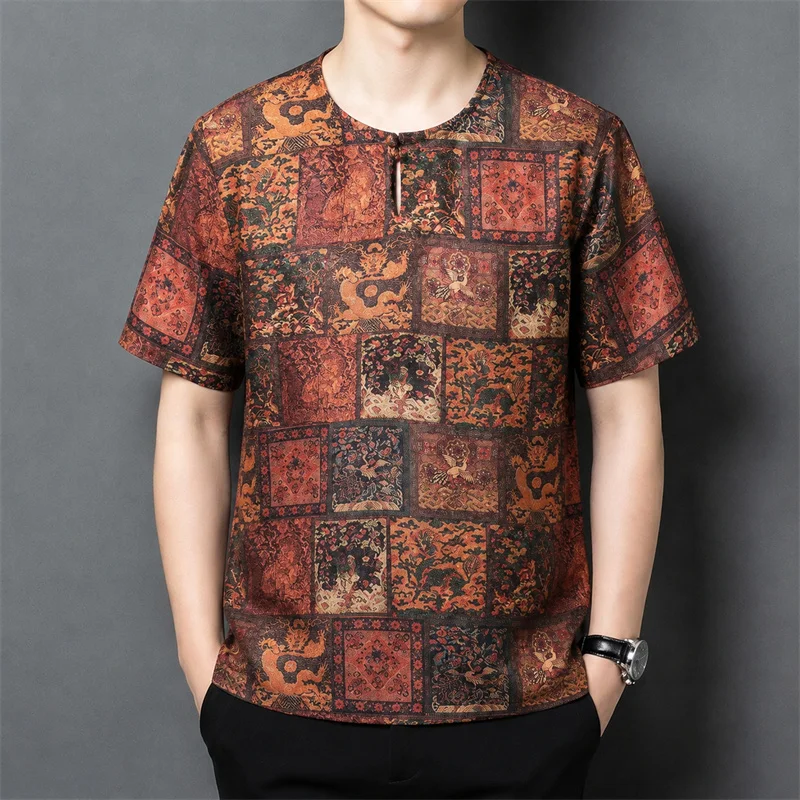 Lightweight Coolness T Shirt For Men Short Sleeve Real Silk 100% Summer Quality Gambiered Canton Gauze Print Camisetas De Hombre