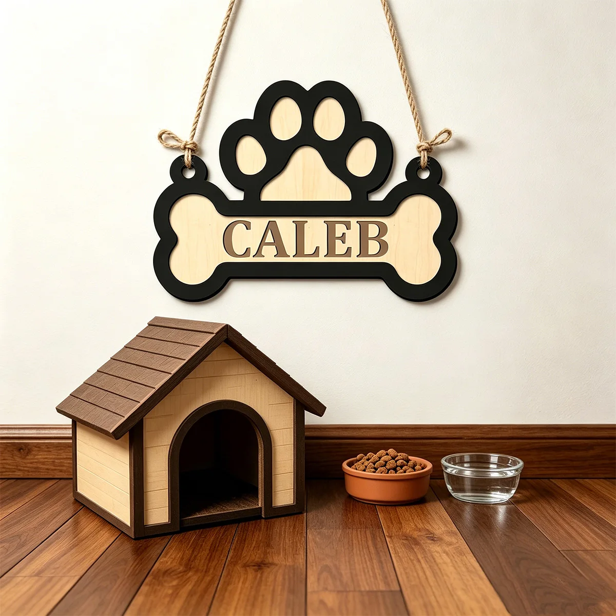 1pc Customizable Bone Shaped Wooden Plaque, Double-layer Pet Name Tag, Dog Room Decoration, European Style Pet Doorplate