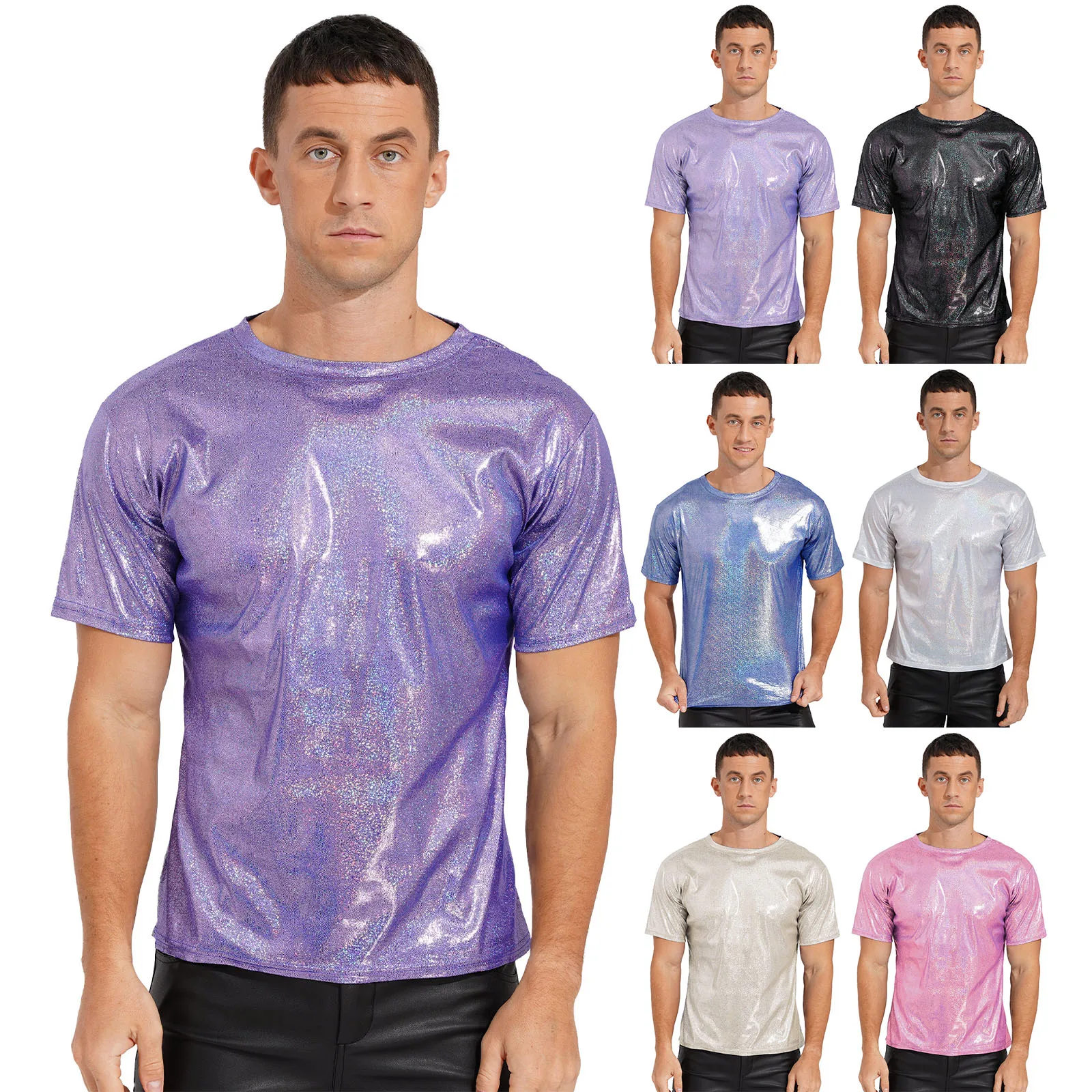 Mens Shiny Tops Holographic Metallic Short Sleeve Shirt Glitter Sparkle Party Disco Tee Shirt Blouse for Clubwear Festival Dance