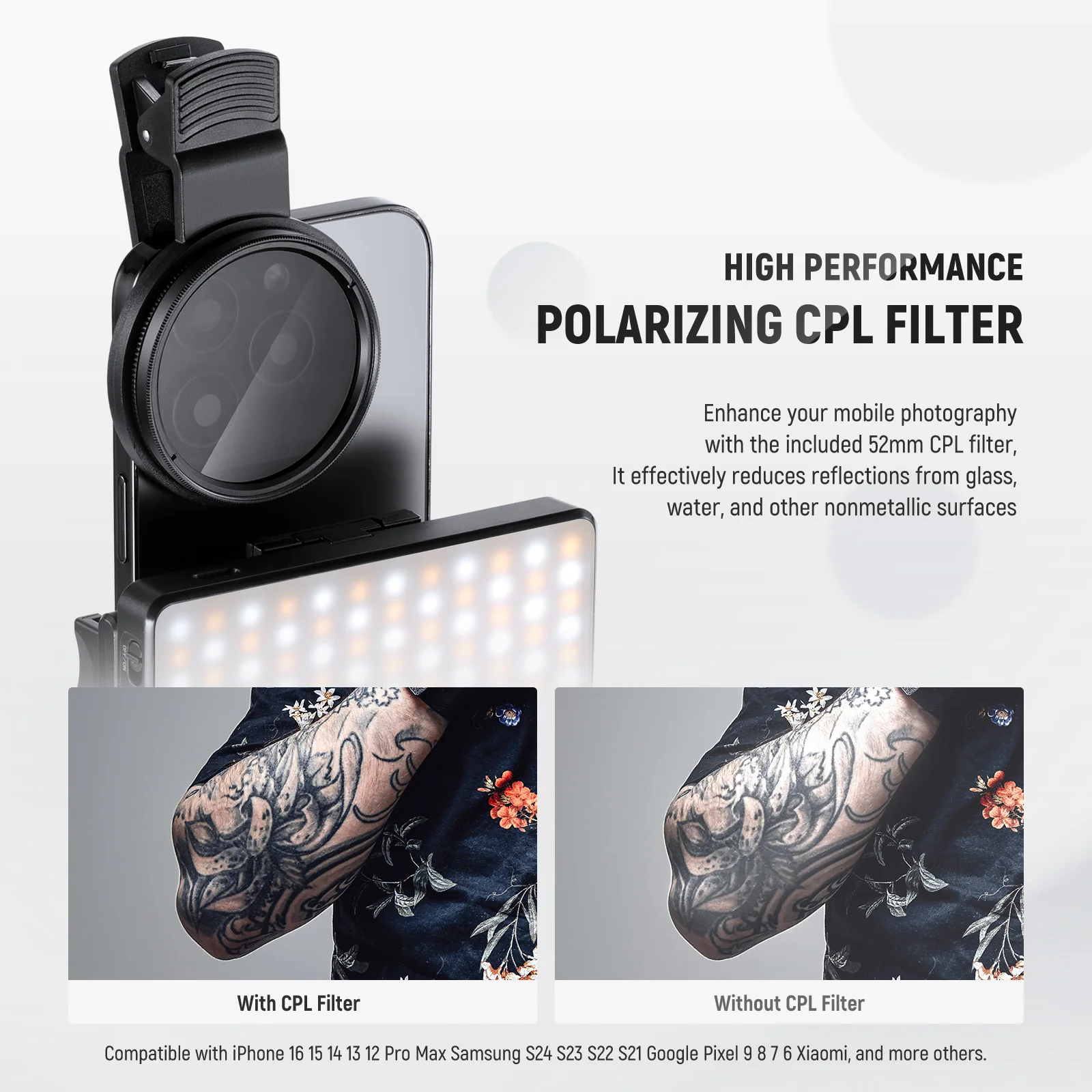 NEEWER LED-Selfie- und Tattoo-Licht, kompatibel mit iPhone, CPL-Filter/Stativständer/Telefonhalter zum Aufstecken für die Fotografie – Detail 6
