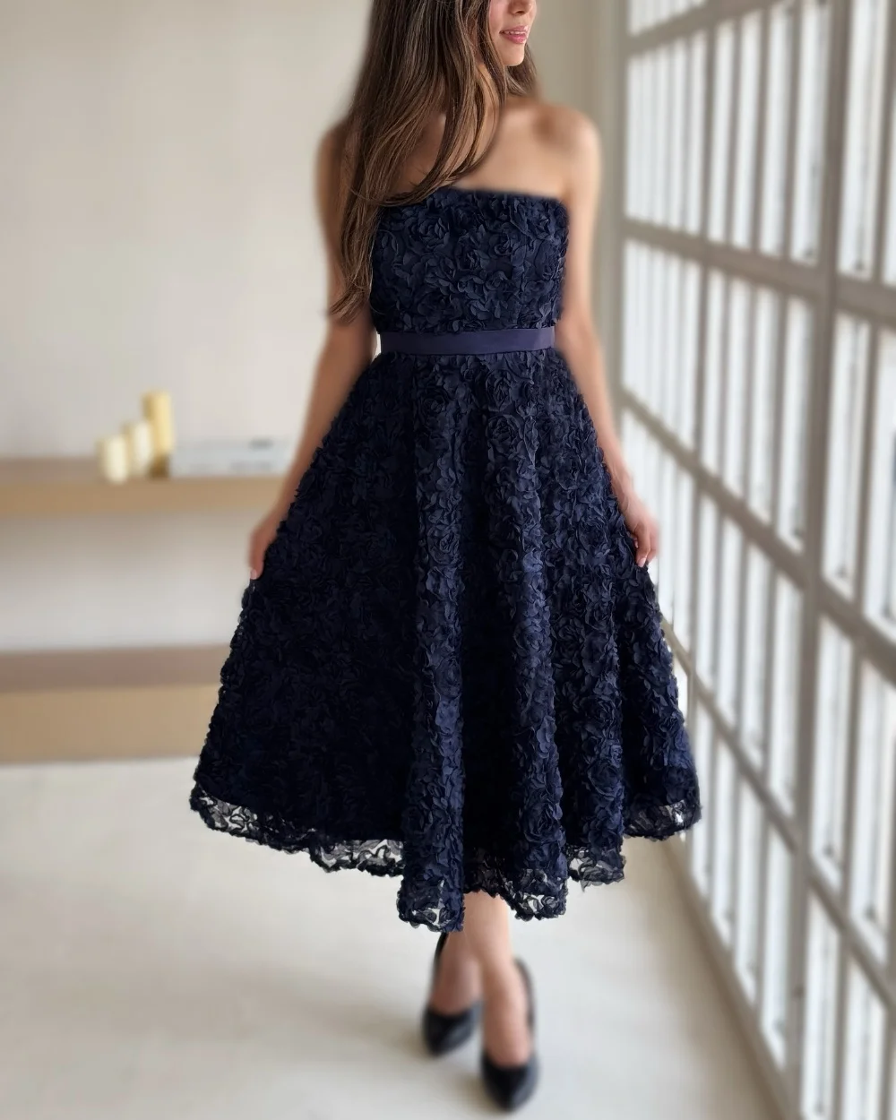 

Customized Exquisite Intricate Flower Sash A-line Strapless Midi Dresses Bespoke Occasion Dresses Sizes Available High Quality