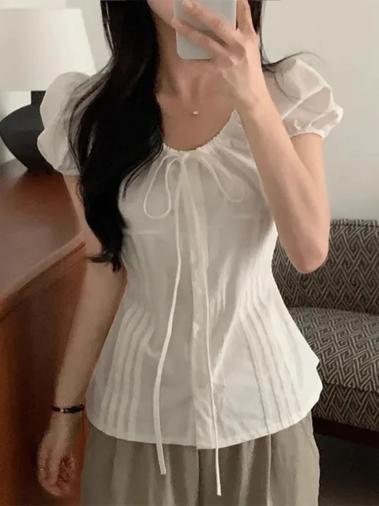 

Sweet Sle Women's Bubble Sve irt Summer New Design Pleated Waist Belt Cotton ort Sve V-ne Slim Fit Pure Color Top