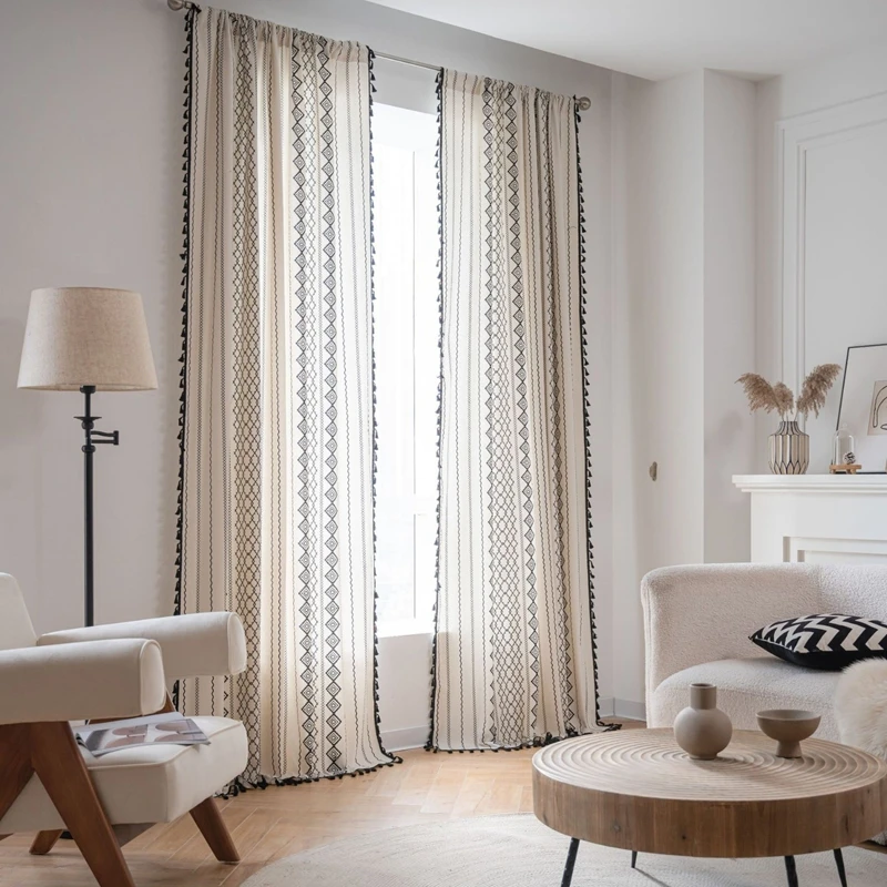 Curtains for Living Room Finished Cotton Linen Kitchen Curtains Bohemian Style Black and White Print Bay Window Valance