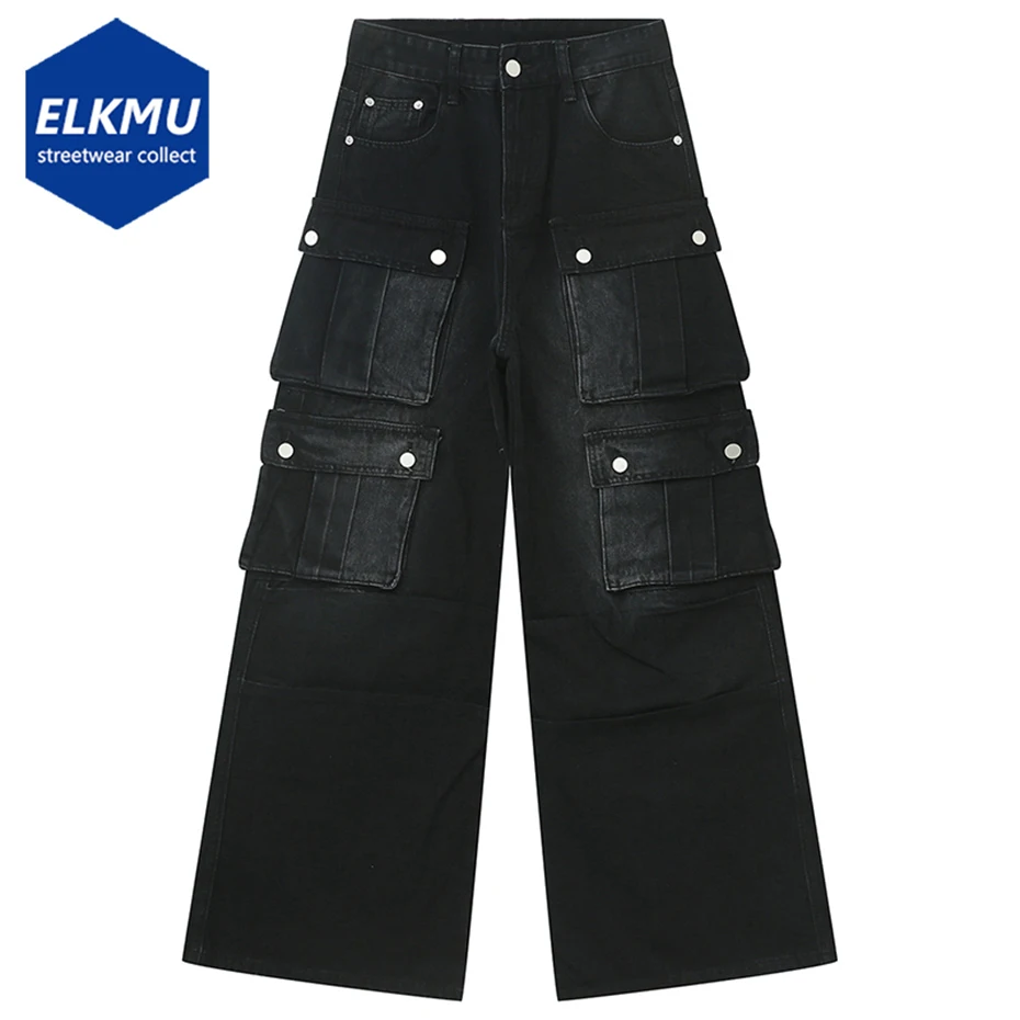 

Men Vintage Baggy Jeans Multi Pocket Cargo Denim Pants Black Loose Wide Leg Jeans Trouser