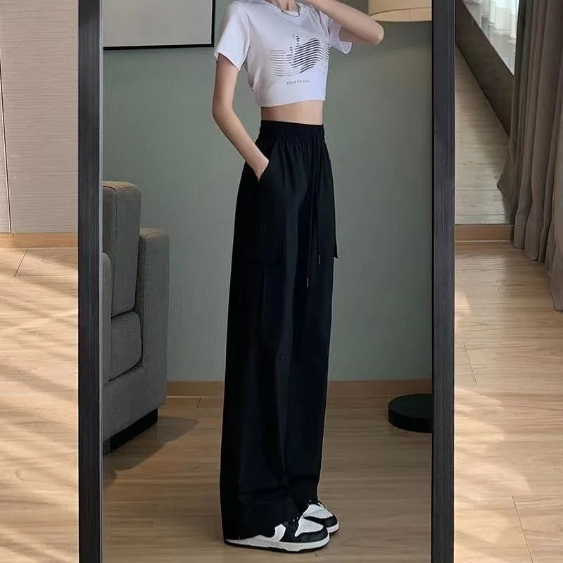 Women\'s Solid Spring Autumn High Waist Pockets Drawstring Elastic Casual Sports Wide Leg Workwear Trousers Office Lady Pants