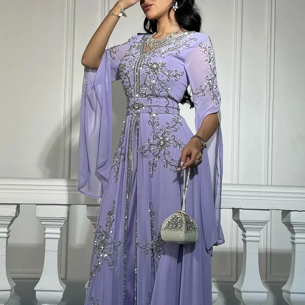 Purple Women Haute Couture Evening Dress Party Shiny Caftan A-line Prom Dresses Elegant Cap Sleeve Gown Vestido De Gala