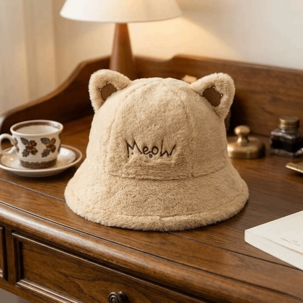 Face Slimming Cat Ear Bucket Hat Ear Protection Earflap Fuzzy Hat 56-58cm Head Circumference Warm Lining Winter Warm Hat
