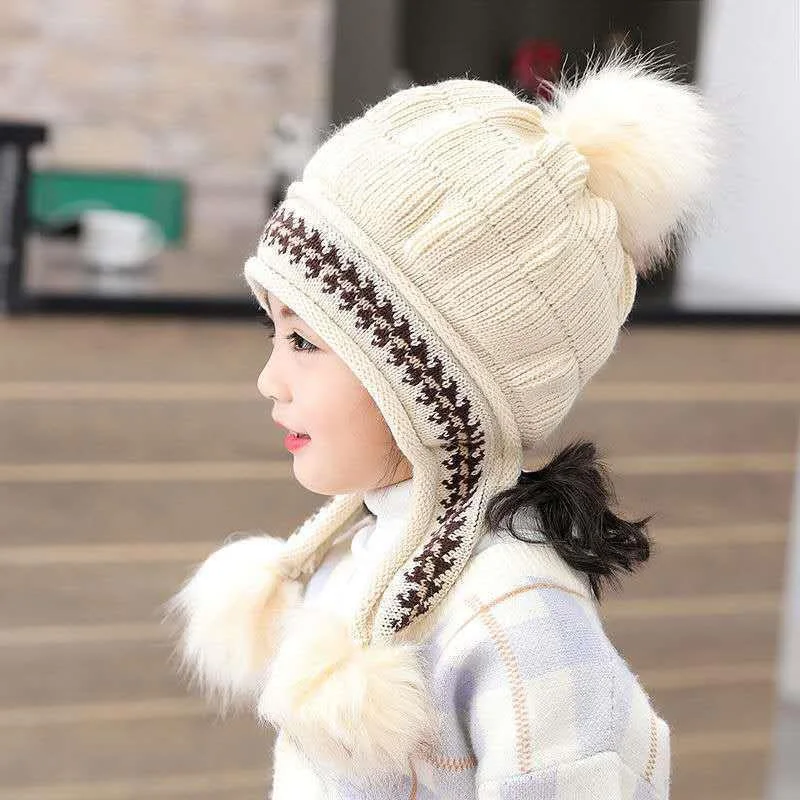 

3-12Y Kids Winter Ear Protection Hat Plush Ball Thicken Woolen Knitted Warm Beanie for Boys Girls