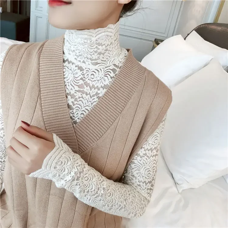 Lace Women\'s Long Sleeve Turtleneck Mesh Top Women\'s Hollow Slim Elastic Blusas Ropa De Mujer