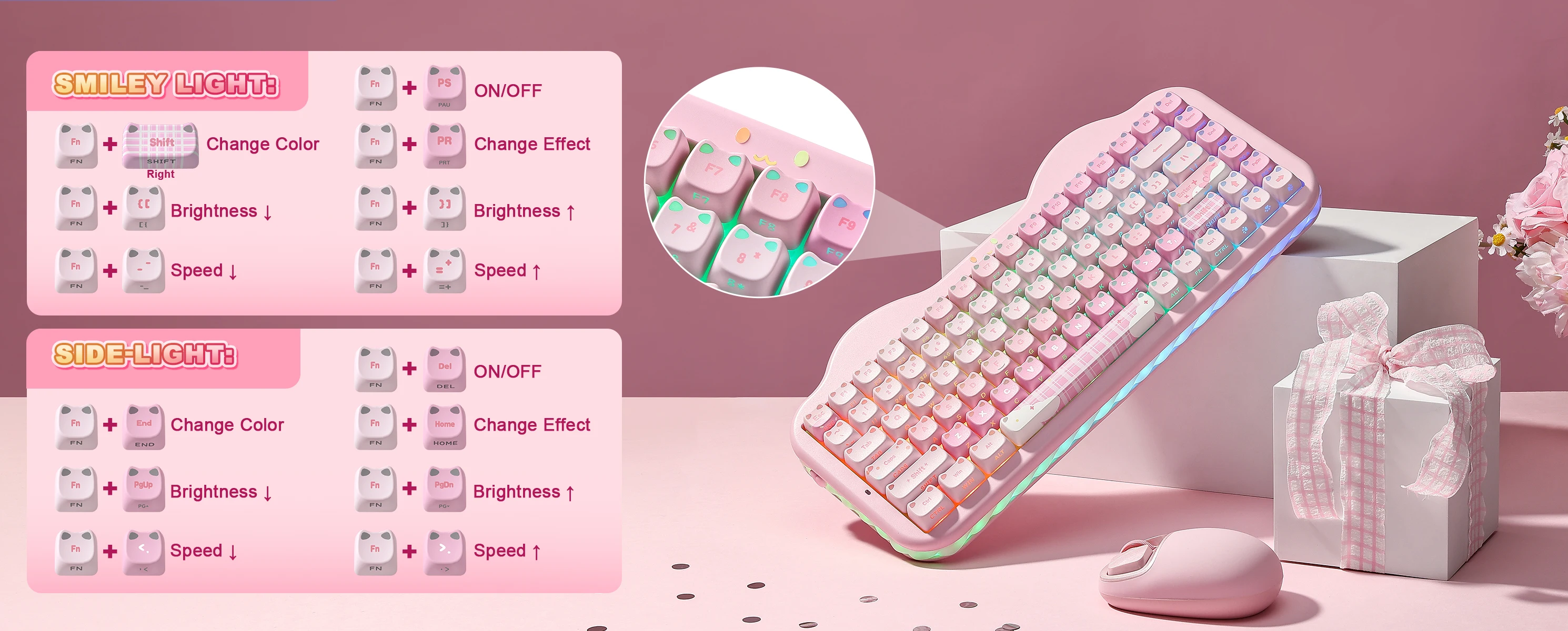 YUNZII C75 MAO Edition Mechanical Keyboard,Cute Ear Translucent Keycap,Wireless 75% NKRO Keyboards,RGB Cake Design for Win/Mac